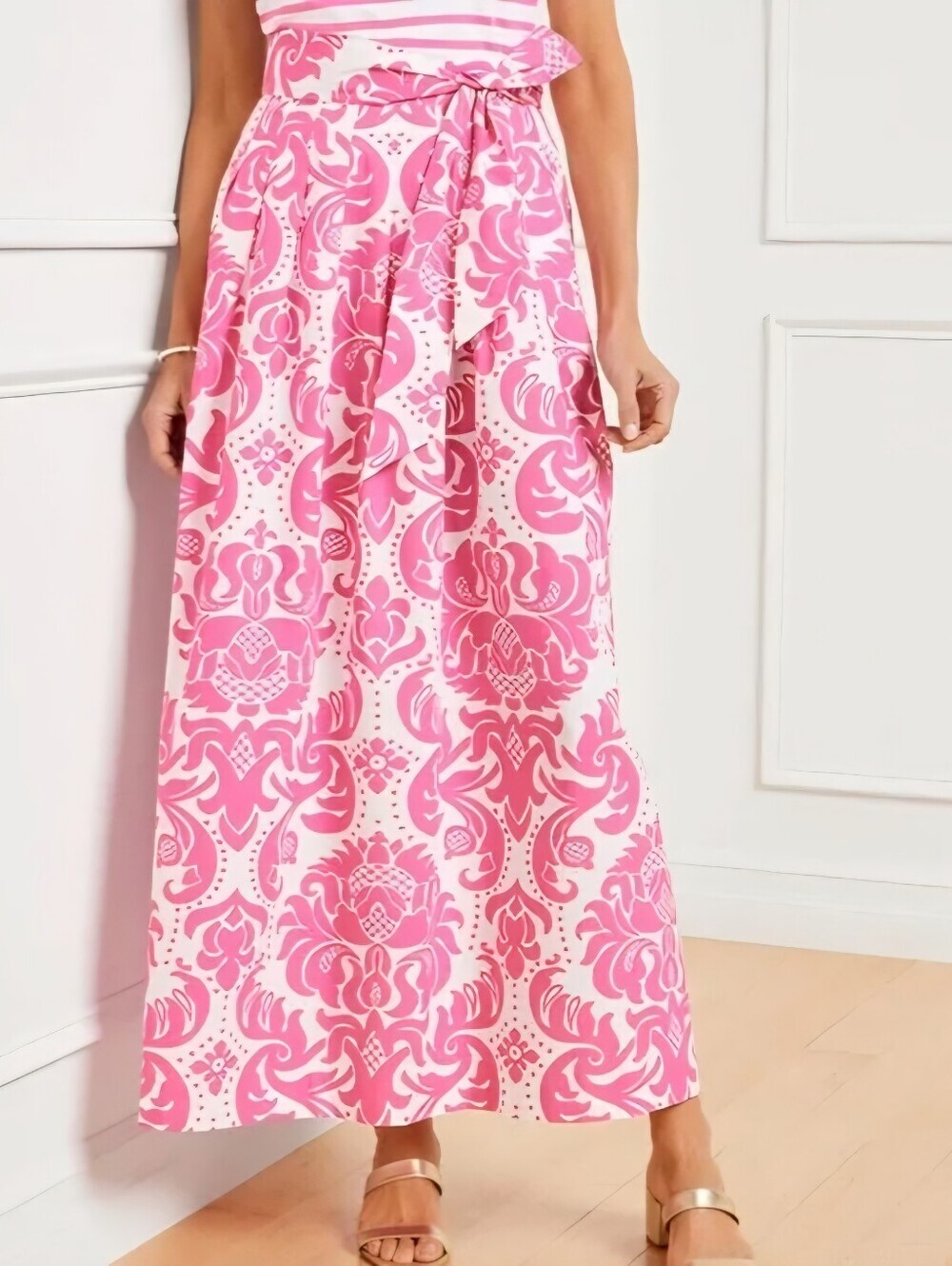 TALBOTS NWT Piper Pleated Maxi Skirt Pink White Floral Damask Print 12 Petite